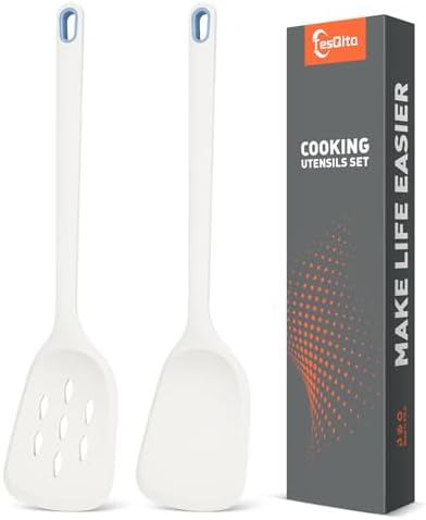 Silicone Spatula Set of 2 Pack, Heat Resistant Solid&Slotted Turner (WHITE)