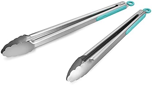 304 Stainless Steel Kitchen Cooking Tongs, 14 & 16", Set of 2, Aqua Sky