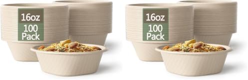 Homestockplus 16 Oz Disposable Paper Bowls - Heavy Duty Small Disposable Bowls - Made from Natural Bagasse for Cereal, Rice, French Fries - Convenient and Compostable [100/Pack] (Pack of 2)