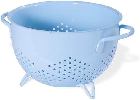 Metal Colander 5 Quart Powder Coated Self-draining Metal Strainer with Base,Kitchen Pasta Fruit Vegetable Basket with Double Handles,blue
