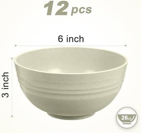 12 Pcs Unbreakable Cereal Bowls Set, 26 Oz Wheat Straw Bowls Set, Microwave & Dishwasher Safe Bowls for Kitchen, Reusable Plastic Bowls for Soup, Salad and Snack, BPA Free, Multicolor