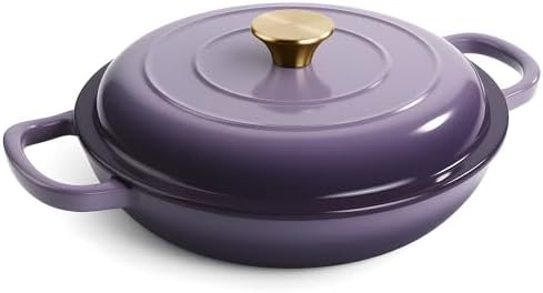 3 Quart Enameled Cast Iron Braiser, Non Stick Enameled Cast Iron Skillet with Lid, Dutch Oven Skillet with lid up to 500°F for Oven, Stove, Grill, Shallow Dutch Oven for Cook, Bake (Purple)