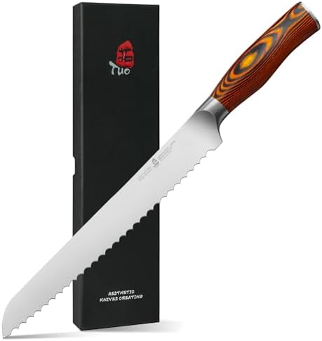 TUO Bread Knife, 10 inch Upgraded Serrated Knife for Homemade Sourdough Bread, High Carbon German Steel with Pakkawood Handle, Gift Box - Fiery Phoenix Series