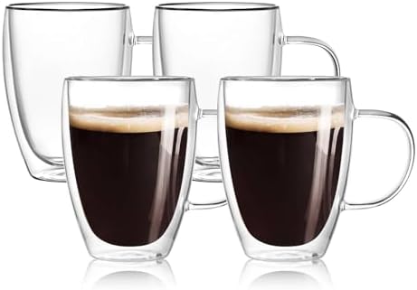 4-Pack 12 Oz Double Walled Glass Coffee Mugs with Handle, Insulated Layer Coffee Cups, Clear Borosilicate Glass Mugs, Gift for Cappuccino,Tea,Latte,Espresso,Hot Beverage,Wine, Microwave Safe, Set of 4