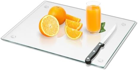 Mymonfif Tempered Glass Cutting Board for Kitchen, Clear Glass Board for Countertop, Heat Resistant, with Non-Slip Feet, 12x16" 1Pcs