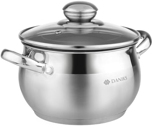 Daniks Classic 2 Quart Stainless Steel Stock Pot with Glass Lid, Tri-Ply Bottom for Even Heating, Induction Compatible, Dishwasher Safe