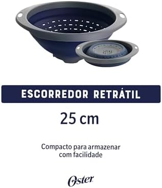 Oster Bluemarine 10-Inch Foldable Strainer – Collapsible Colander for Pasta, Vegetables, Fruits, Space-Saving Kitchen Tool, Blue/Grey Dishwasher Safe
