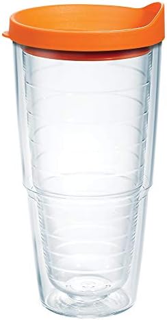 Tervis Clear & Colorful Lidded Made in USA Double Walled Insulated Tumbler Travel Cup Keeps Drinks Cold & Hot, 24oz, Orange Lid
