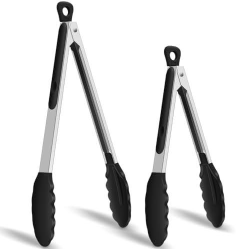 HOTEC Stainless Steel Kitchen Tongs with Silicone Tips, Set of 2-9" and 12"