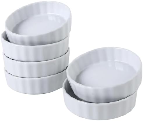 6 Oz Creme Brulee Dishes, Creme Brulee Ramekins Set of 6, Ceramic Brulee Souffles Dishes, Wave Round Ramekins Pie Pan, White Baking Dish for Dessert, Tart, Appetizers, Oven Dishwasher Safe