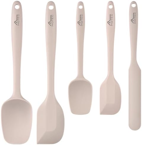 HOTEC 600℉ Heat Resistant BPA-Free Silicone Rubber Spatula Set,Kitchen Cooking Spatulas, Baking, Mixing for Non Stick Cookware, Dishwasher Safe, Set of 5, Khaki