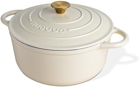 Cast Iron Dutch Oven with Lid-Non-Stick Ovenproof Enamelled Casserole Pot - Sturdy Dutch Oven Cookware-Cream, 7.3- Quart, 30cm- by Nuovva