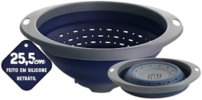 Oster Bluemarine 10-Inch Foldable Strainer – Collapsible Colander for Pasta, Vegetables, Fruits, Space-Saving Kitchen Tool, Blue/Grey Dishwasher Safe