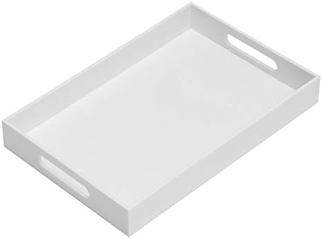 KEVLANG Glossy White Sturdy Acrylic Serving Tray with Handles-10x15Inch-Serving Coffee Appetizer Breakfast Butler-Kitchen Countertop-Makeup Drawer Organizer-Vanity Table Tray-Ottoman Tray
