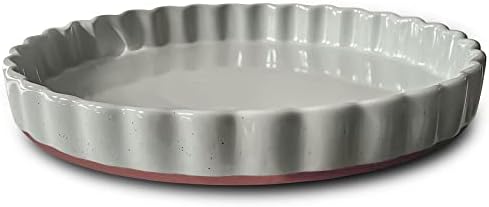 MORA Ceramic Tart Pan, 9.5 Inch Large Porcelain Baking Dish for Tarts, Quiche, Pie, Flan etc. Fluted Ruffled Edge, Oven, Microwave, Freezer, and Dishwasher safe - Great Gift For Bakers - Earl Grey