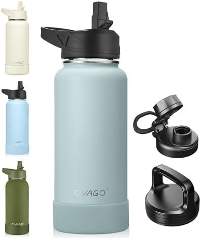 CIVAGO 32 oz Insulated Stainless Steel Water Bottle With Straw and 3 Lids