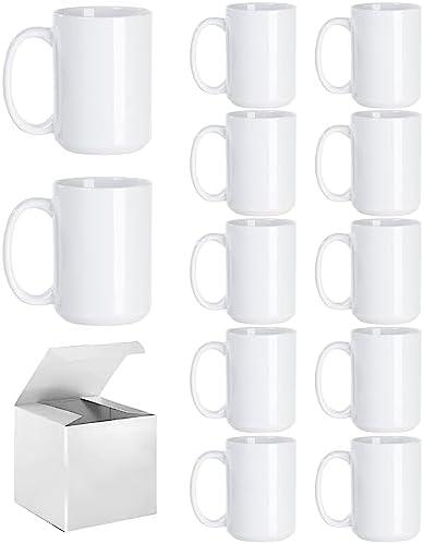ABBSH Sublimation Coffee mugs, 15 oz White Coffee Mugs Tazas Para Sublimacion Cups With Box for Coffee, Soup, Tea, Milk, Latte, Hot Cocoa Set of 12