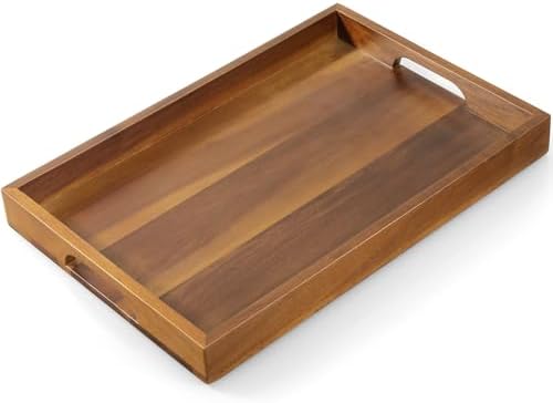15 Inch Acacia Wood Serving Tray with Handles - Wooden Tray for Ottoman, Breakfast in Bed, Dinner, Coffee Table - Decorative Rectangular Tray for Living Room Bedroom Entryway and Kitchen