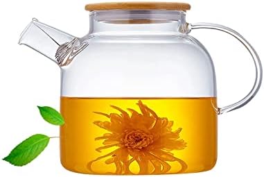 Glass Teapot 50.7oz/1500ml, Stovetop & Microwave Safe Borosilicate Tea Pot,Clear Teapot with Strainer, Glass Tea Kettle with Wooden Lid for Loose Leaf、Fruit Tea and Fragrant Tea