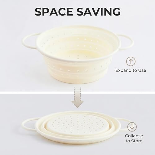 Collapsible Silicone Colander with Handles, Round Strainer with Stainless Steel Rim, Space Saving Kitchen Tool for Fruits & Vegetables,BPA-Free,Heat-Resistant Pasta Drainer(White, S+L)