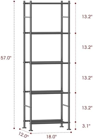 Sakugi 5-Tier Metal Storage Shelves Adjustable Feet, 18"x12"x57", Black