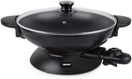 Aroma Housewares AEW-306 Electric Wok with Tempered Glass Lid Easy Clean Nonstick, Cooking Chopsticks, Tempura and Steaming Racks, Professional Model, Black