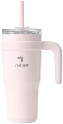REDUCE 24 oz Stainless Steel Tumbler with Handle - Dual-Wall Vacuum Insulated Travel Mug, Sweat-Proof Lid & Reusable Straw - Keeps Drinks Cold for 24 Hrs, Fits Cupholders, Dishwasher Safe-Pink Cotton