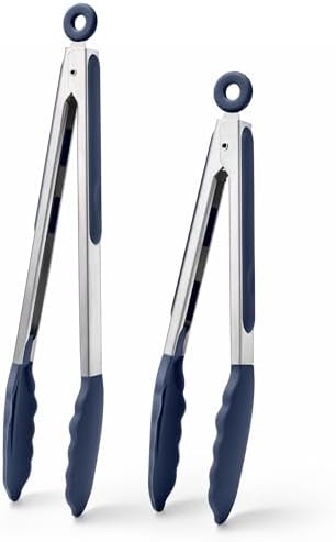 Doosu Kitchen Tongs with Silicone Tips for Cooking Serving (9+12in, Navy)