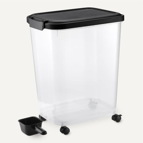 Amazon Basics Pet Food Storage Container with Wheels, BPA-Free, Detachable Scoop, 30lbs Capacity, Reliable Seal