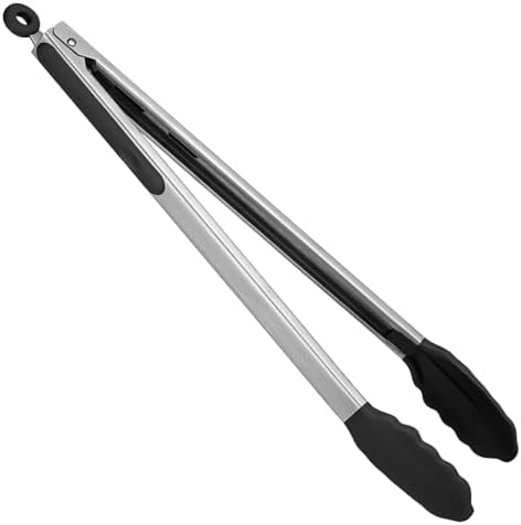 Heat Resistant Silicone Kitchen Tong: U-Taste 16 inch Extra Long Large 480ºF Hot Proof Cooking Tong with Sturdy Non Stick Rubber Tips & Non Slip Silicon Coated Steel Handle for Grilling BBQ (Black)