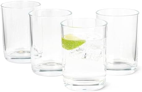 Amazon Basics Drinking Glasses, 11 oz., Sturdy Glass, Rounded for Comfortable Hold, Dishwasher-Safe, Round Shape, 4-Piece Set