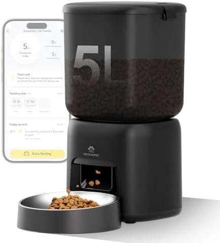 Automatic Cat Feeder, 5G WiFi Auto Cat Food Dispenser with Desiccant Bag, 5L Timed Pet Feeder with Free APP Service, Adjustable Portions Down to 1/12 Cup, Up to 10 Meals Per Day, Dual Power Supply