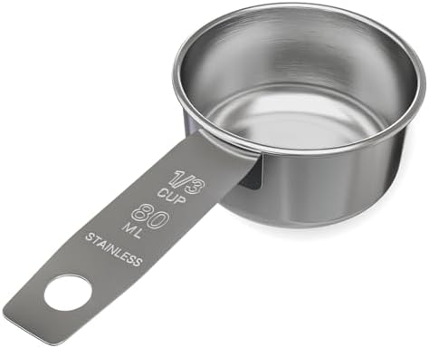 1/3 Cup Stainless Steel Measuring Cup | Sturdy Metal 80 ml | 80 cc | 3 oz | Single Cup for Wet and Dry Ingredients | Great for use as 1/3 Cup Dog Food Scoop - 1 PK