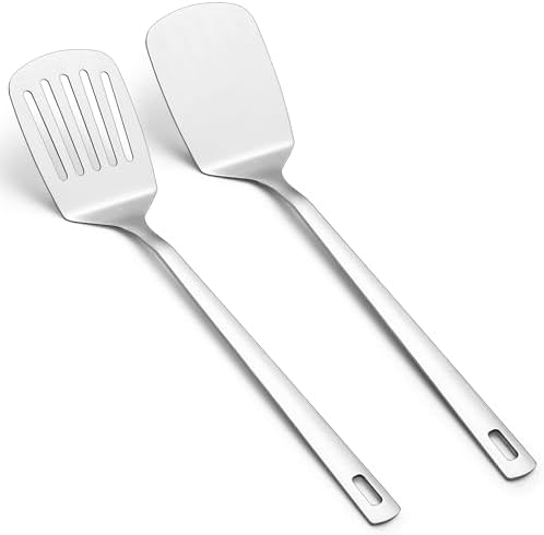 Kyraton Stainless Steel Spatulas Set, Silver Slotted Turner, Solid Turner, Kitchen Spatulas for Nonstick Cookware, Dishwasher Safe, Easy to Clean