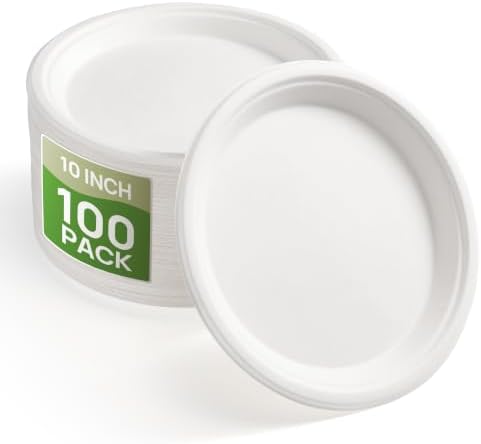 BESTVIP 10 Inch Compostable Sugarcane Paper Plates, White,100 Pack