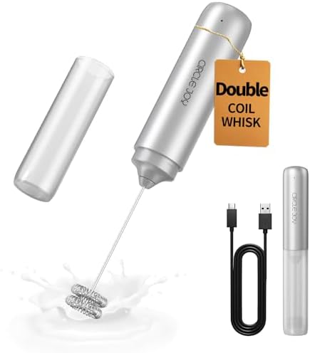 CIRCLE JOY Rechargeable Milk Frother Handheld, Dual Coil Whisk Head Electric Coffee Frother, Portable Hand Frother Wand Drink Mixer for Matcha Lattes Cappuccino, Kitchen Gifts, Silver