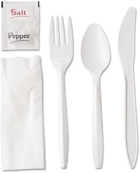 450 White Plastic Cutlery Packets - Knife Fork Spoon Napkin Salt Pepper Sets, Individually Wrapped Disposable Silverware
