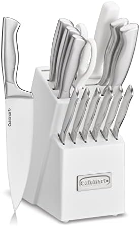 Cuisinart Professional Block Knife Set, 15pc Cutlery Knife Set with Steel Blades for Precise Cutting, Lightweight, Stainless Steel Durable & Dishwasher Safe, White