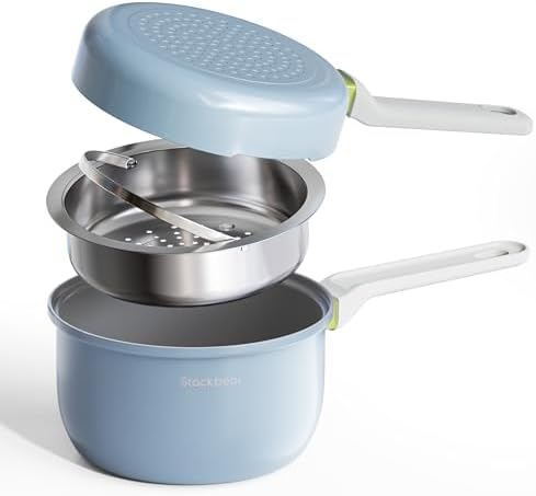 Ceramic Non Stick Sauce Pan, 2.5QT Saucepan with Frying Pan as Lid, Steamer Pot for Cooking, Induction Cookware Set, PTFE, PFOA & PFAS Free, Light Blue