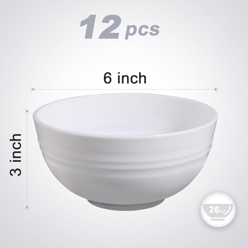 12 Pcs Unbreakable Cereal Bowls Set, 26 Oz Wheat Straw Bowls Set, Microwave & Dishwasher Safe Bowls for Kitchen, Reusable Plastic Bowls for Soup, BPA Free, White (NON-CERAMIC‌)