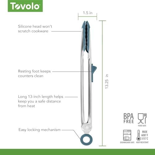 Tovolo Tongs With Silicone Tips Easy Grip 13" Long Kitchen Tongs Stainless Steel Handle For Cooking, Non Scratch Heat Resistant Locking Tongs Silicone Tipped Dishwasher Safe BPA Free, Blue Slate