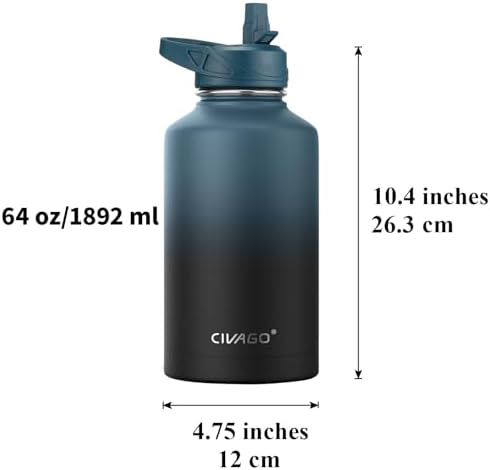 CIVAGO 64 oz Insulated Stainless Steel Water Bottle With Straw and 3 Lids