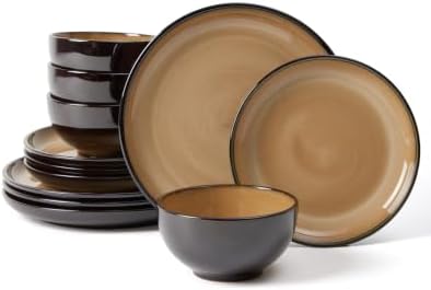 Pokini Stoneware Dinnerware Sets for 4, 12pcs Plates and Bowls Sets Dishes