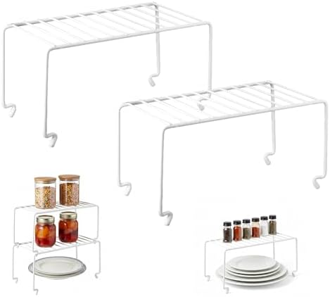 2-Pack Small (10.8x5.3inch) White Stackable Shelf Organizer Rack, Kitchen Shelves Organization for Cabinet, Pantry Organizers and Storage, Wire Shelf Rack, Desk Organizer, Rustproof