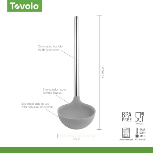 Tovolo Silicone Ladle With Stainless Steel Handle Deep Soup Ladle for Cooking Canning Serving Soup Punch Stew Sauce, Large Kitchen Utensil Spoon Dishwasher Safe BPA Free Silicone Oyster Gray