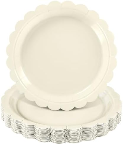 NatNarr 30 Pk Ivory Paper Plates 9" Disposable Scalloped Cream Beige Plates
