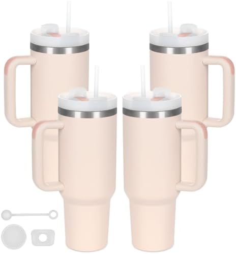 4 Pack 40 Oz Tumbler with Handle Bulk, Double Wall Vacuum Insulated Stainless Steel Tumbler with Lid and Straw, 40 oz cup with Silicone Spill Proof Stopper Set (Rose Quartz)