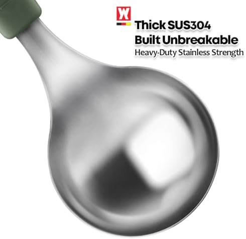 Short Stainless Steel Ladle 220mm (8.6”) – SUS304 Thick Deep Bowl Head with Soft-Grip Silicone Handle – Lightweight Mini Soup & Serving Spoon for Cooking – 5 Color Options (Green)