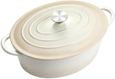 Enameled Dutch Oven Pot with Lid, 7 QT Cast Iron Dutch Oven with Dual Handles, Oval Dutch Oven for Cooking, Bread Baking, Frying, Non-stick Enamel Coated Oven (Caramel White)