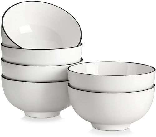 MALACASA 26 Oz Ceramic Cereal Bowls Set of 6 - White Bowl wtih Black Rim